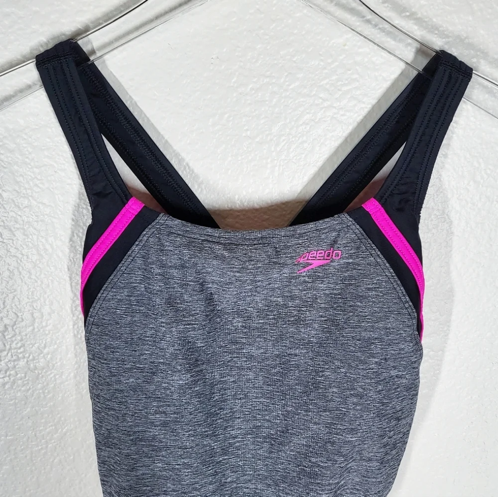Speedo Quantum Splice One Piece Swimsuit Open Back Sporty Grey and Pink Size 10 - Picture 4 of 13